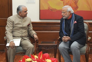 The Governor of Arunachal Pradesh Lt. Gen (Retd) Nirbhay Sharma with the Prime Minister of India, Shri Narendra Modi in New Delhi on 12th January 2015